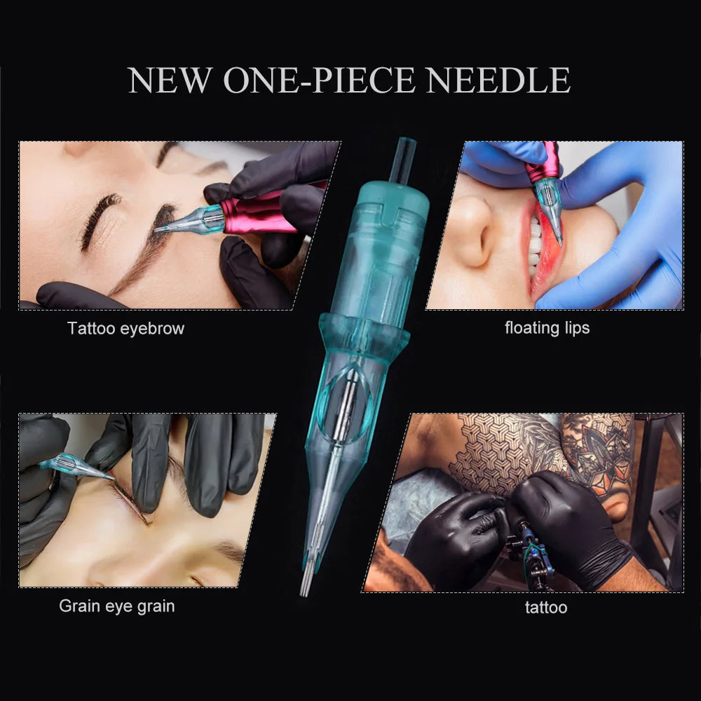 Translucent teal one-piece tattoo needle cartridge used for eyebrow, lip, and detailed permanent makeup applications.