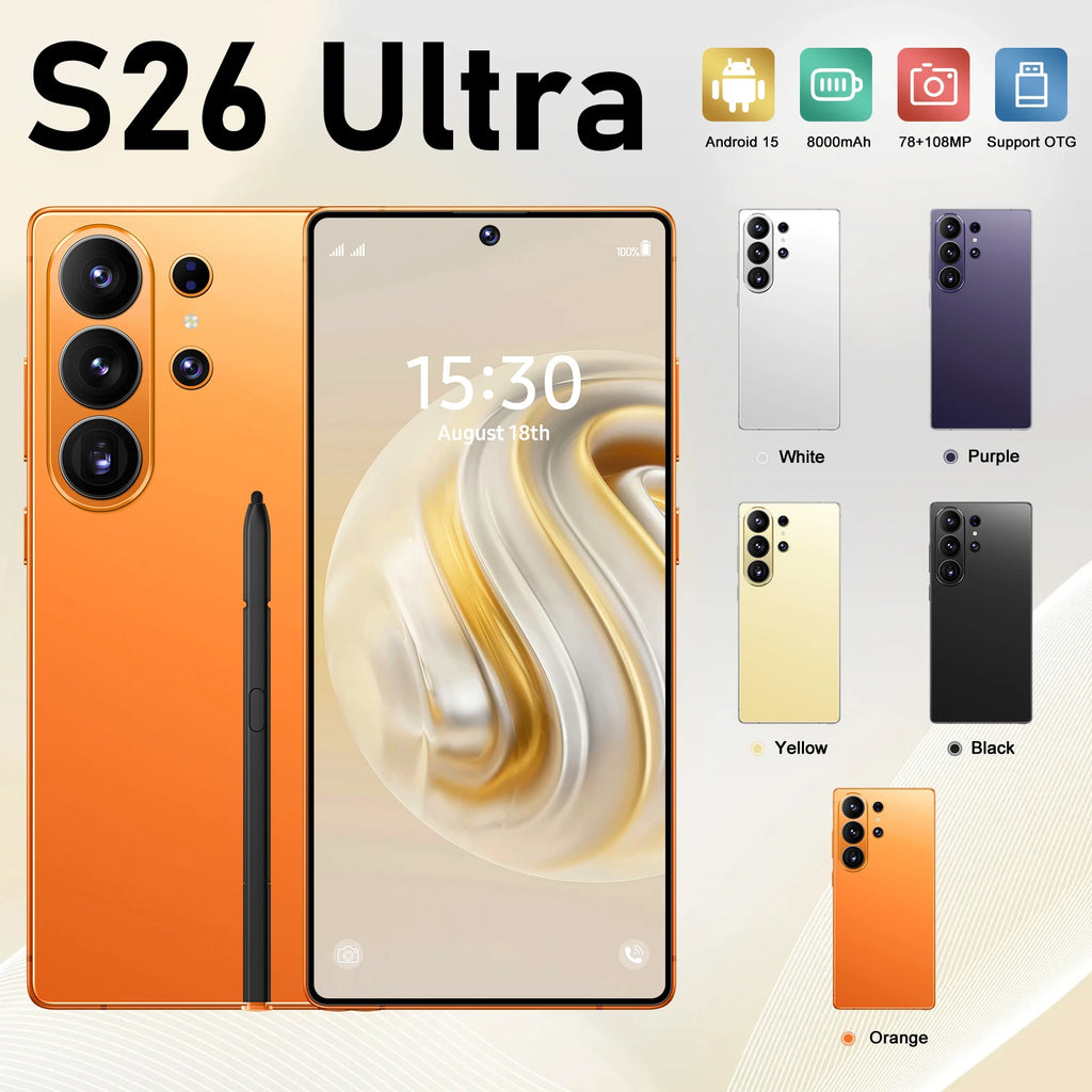 S26 Ultra smartphone rear view featuring 108MP camera, Android 15, and high-performance cellular specs
