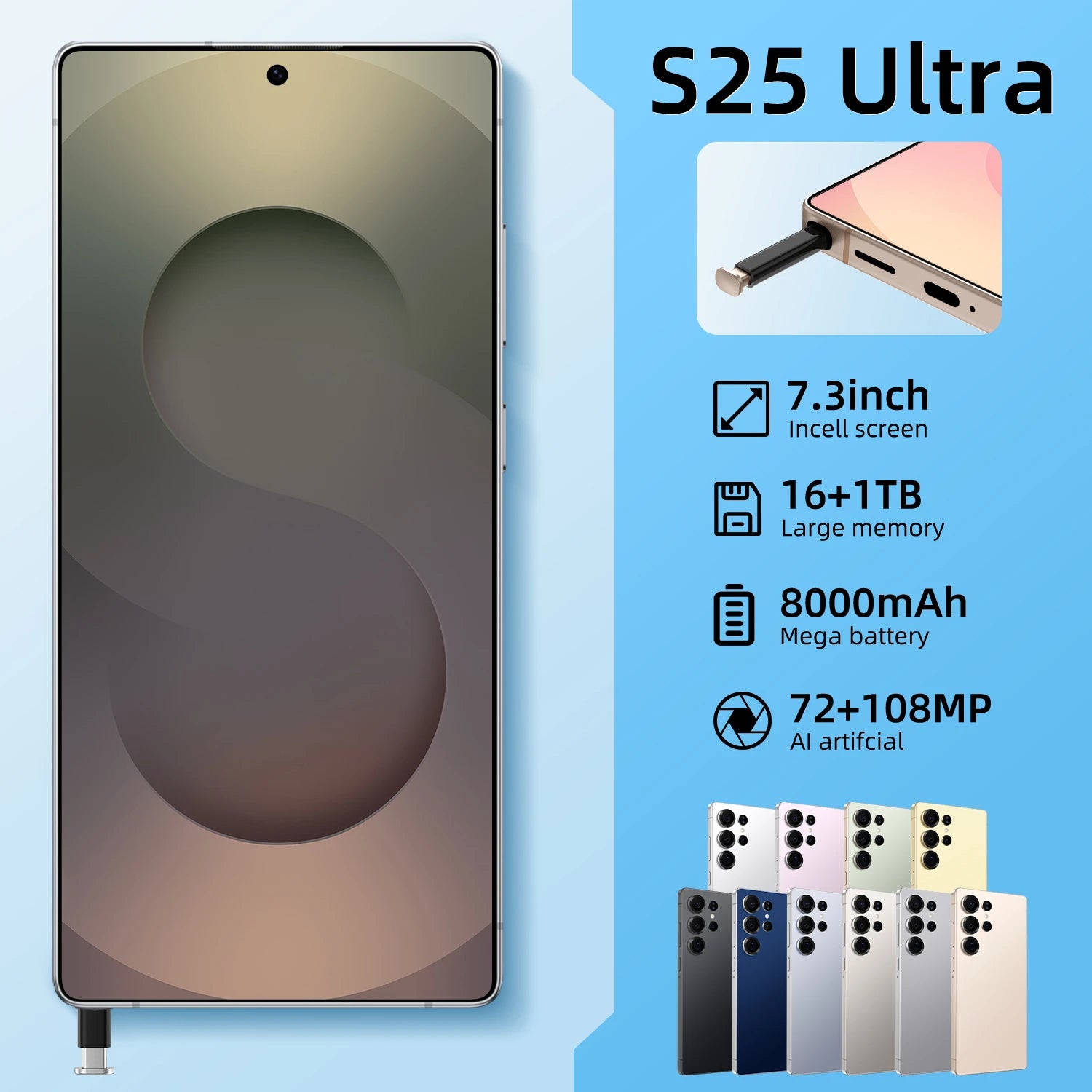 2025 S25 Ultra Deca Core Android Smartphone 7" LED 108MP 7800mAh 5G CDMA LTE French Spanish English Built-in Pen