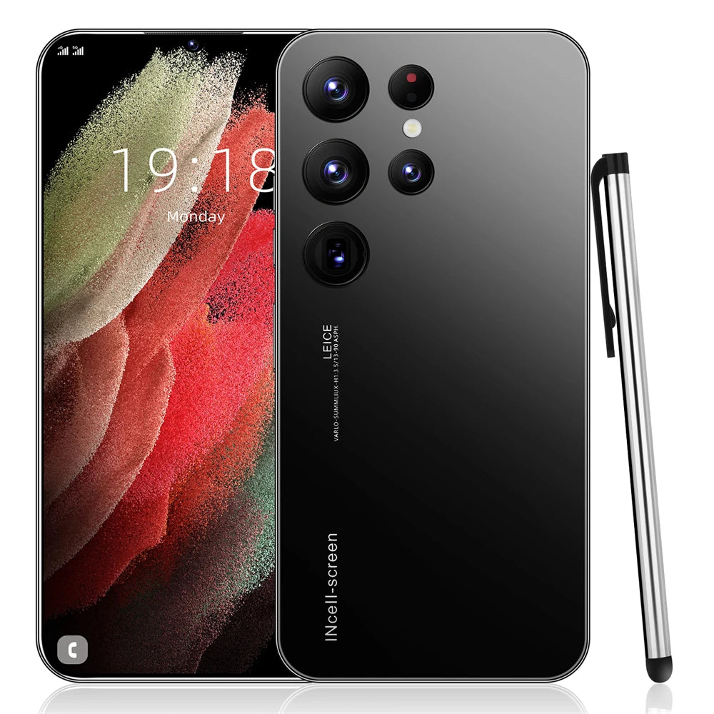 Gray unlocked smartphone with quad cameras and S Pen stylus, front and back views