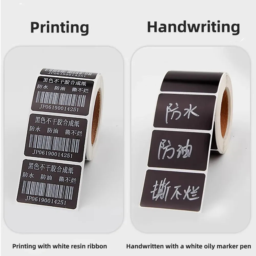 Black sticker labels on roll for printing or handwriting with white marker/ink