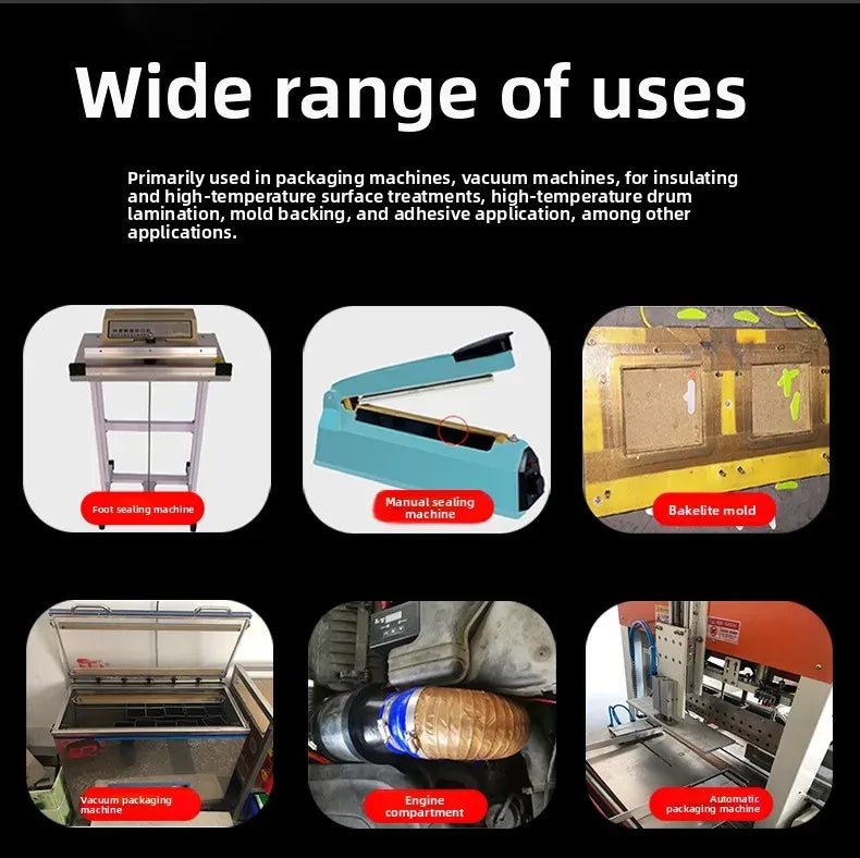 Brown PTFE tape rolls shown alongside packaging and sealing machine uses