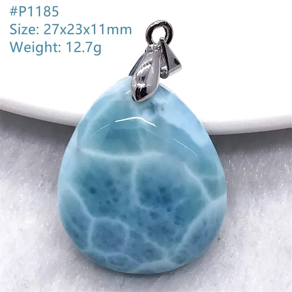 Natural Blue Larimar Trendy Necklace Pendant Women Men Gift Beads 925 Sterling Silver Dominica Water Drop Crystal Stone Jewelry