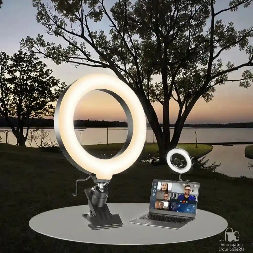 Large and small circular LED ring lights with black adjustable desk clamps, used for video conferencing and lighting.