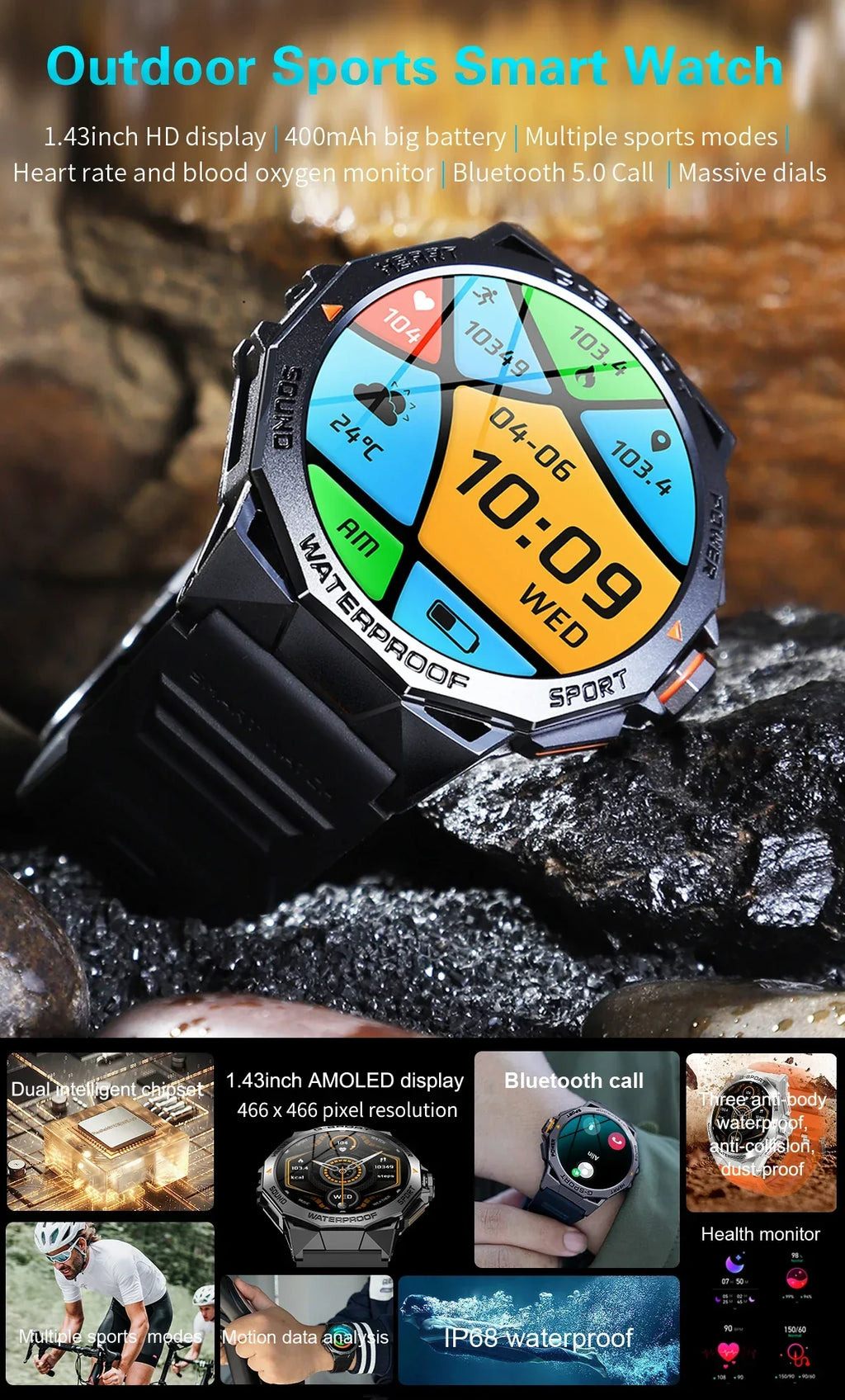 Smartwatch 1.43-Inch AMOLED Fitness Tracker - Black/Orange My Store