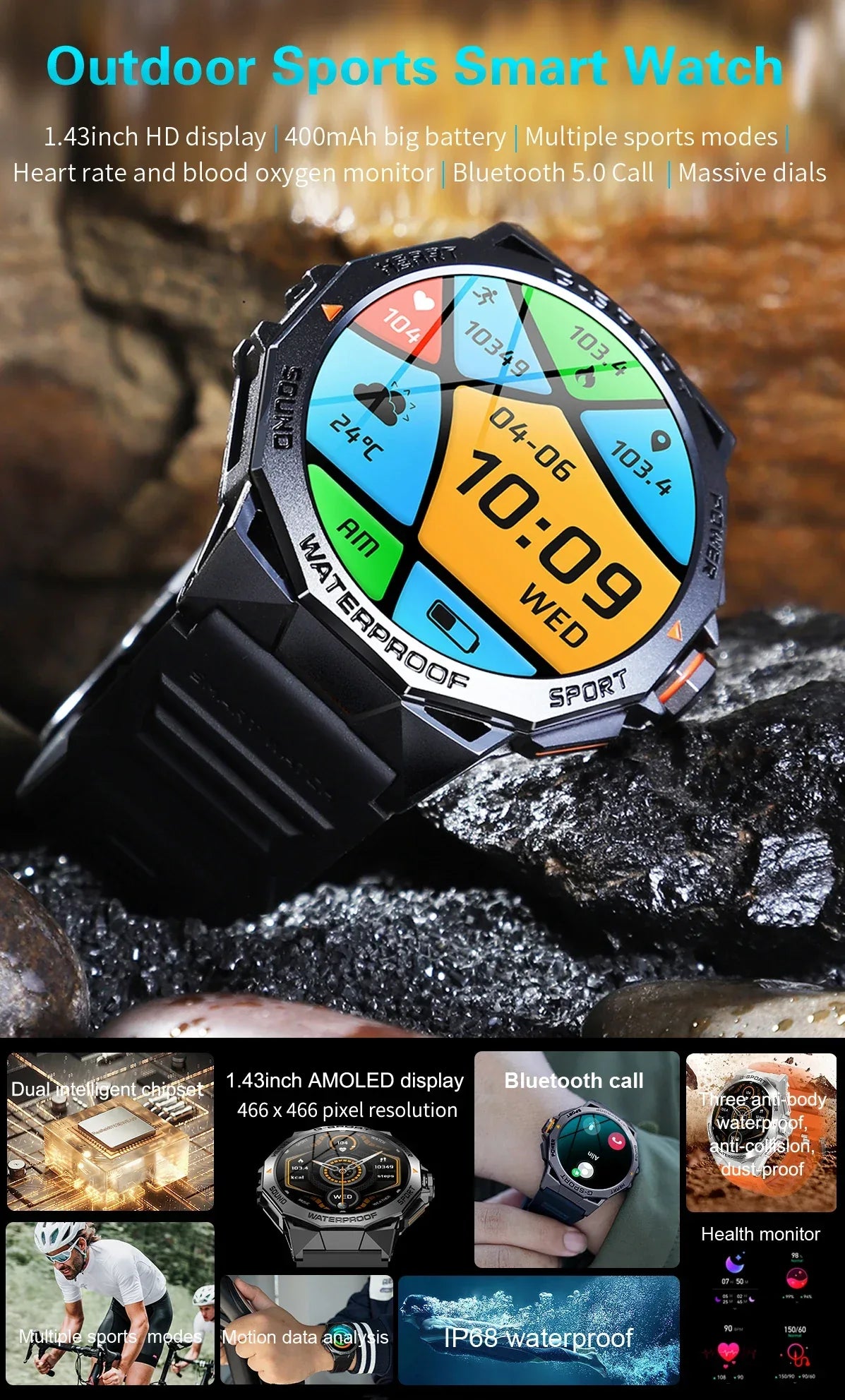 Smartwatch 1.43-Inch AMOLED Fitness Tracker - Black/Orange My Store