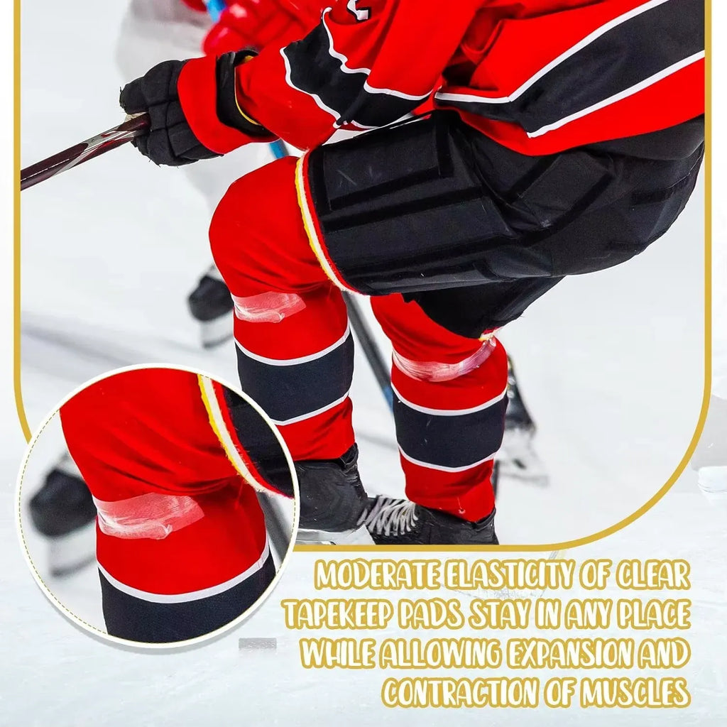 Close-up of taped ice hockey socks with pale yellow adhesive strips