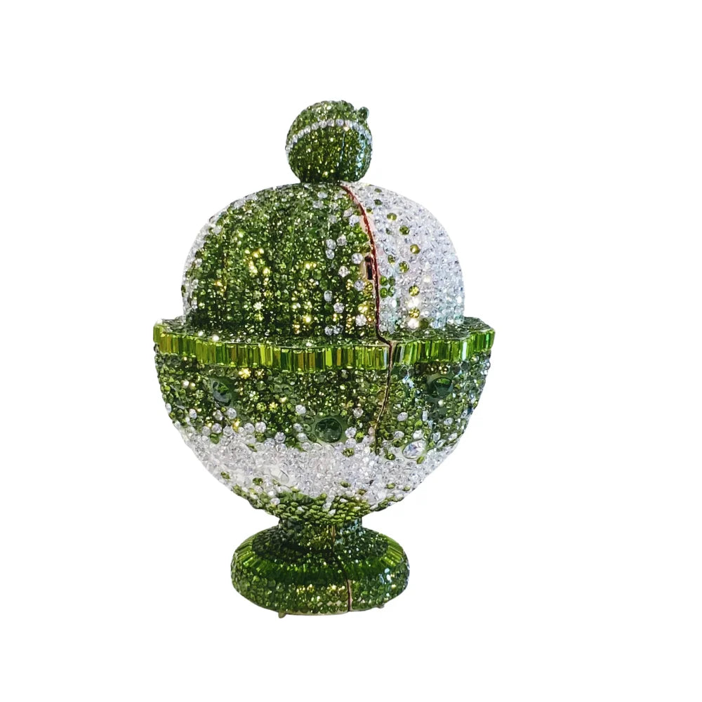 Green and white crystal-embellished ice cream cup evening clutch purse, luxury designer handbag for formal events.