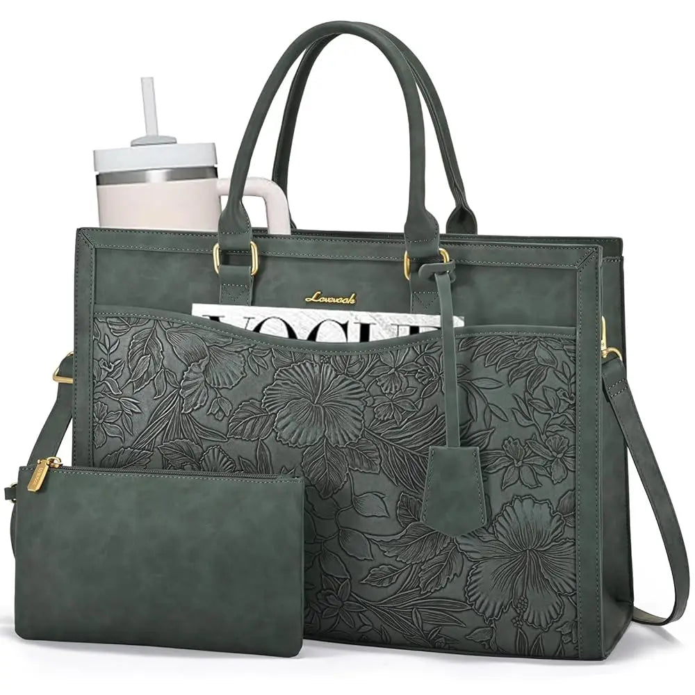 LOVEVOOK dark green floral embossed designer laptop tote bag for women with matching clutch, fits 17-inch laptop.