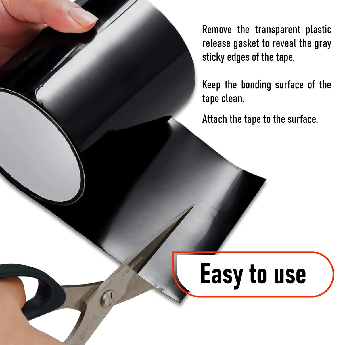 Black waterproof tape roll with instructions showing peel-and-stick edges