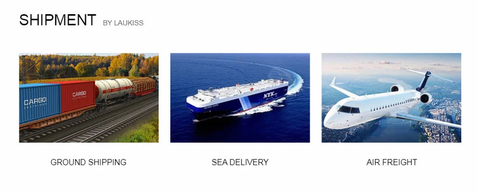 Laukiss shipping methods showing ground train transport, sea cargo vessel, and air freight cargo plane for beauty tools.