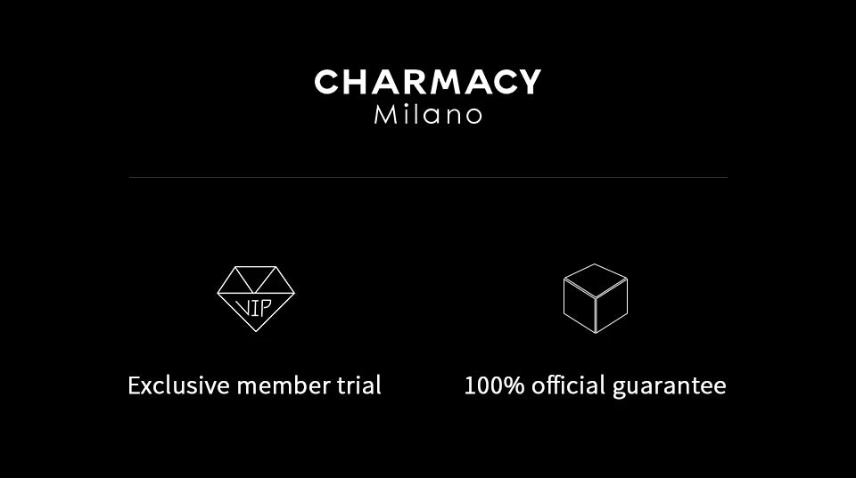 Charmacy Milano logo graphic for long-lasting, waterproof velvet matte lipstick available in 16 shades.