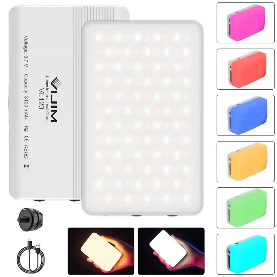 Rectangular LED video light with six colorful silicone diffusers, charging cable, and cold shoe mount.