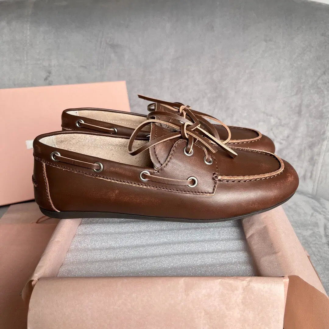 Hot Selling Spring Women's Retro Brown Bow Genuine Leather Driving Shoes Flat Soled Sheepskin Outsole Calf Leather Loafers