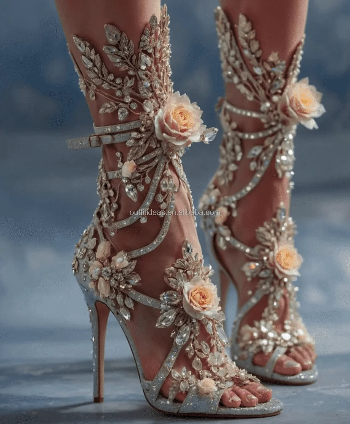 Paradise Elegant Sexy White Rhinestones Heel Flowers Ankle Wrap Tie up Crystal Strap Shoes Sparkly Stiletto Prom Wedding Sandals