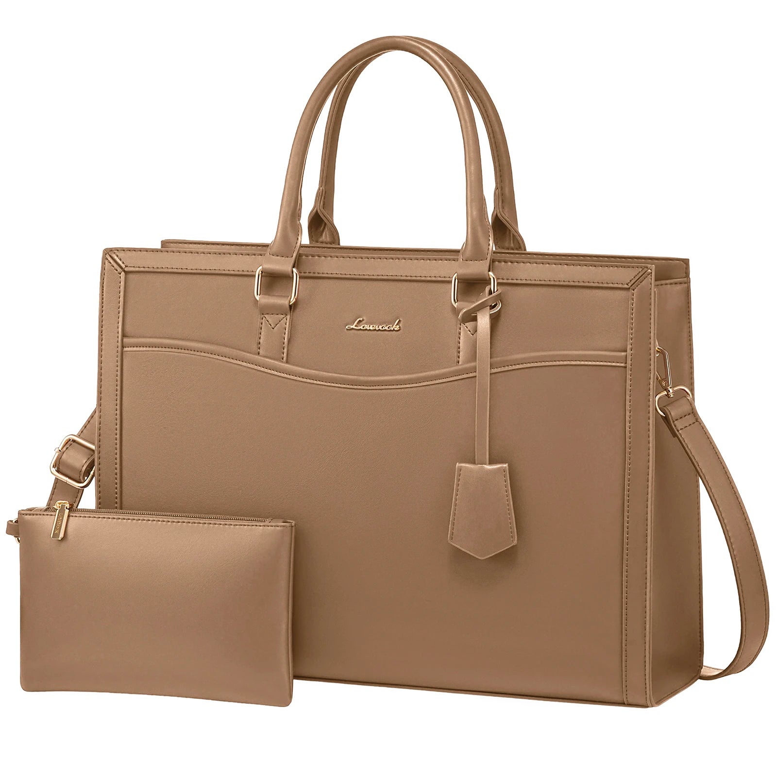 LOVEVOOK brown leather laptop tote bag for women with matching wristlet, business professional designer handbag style.