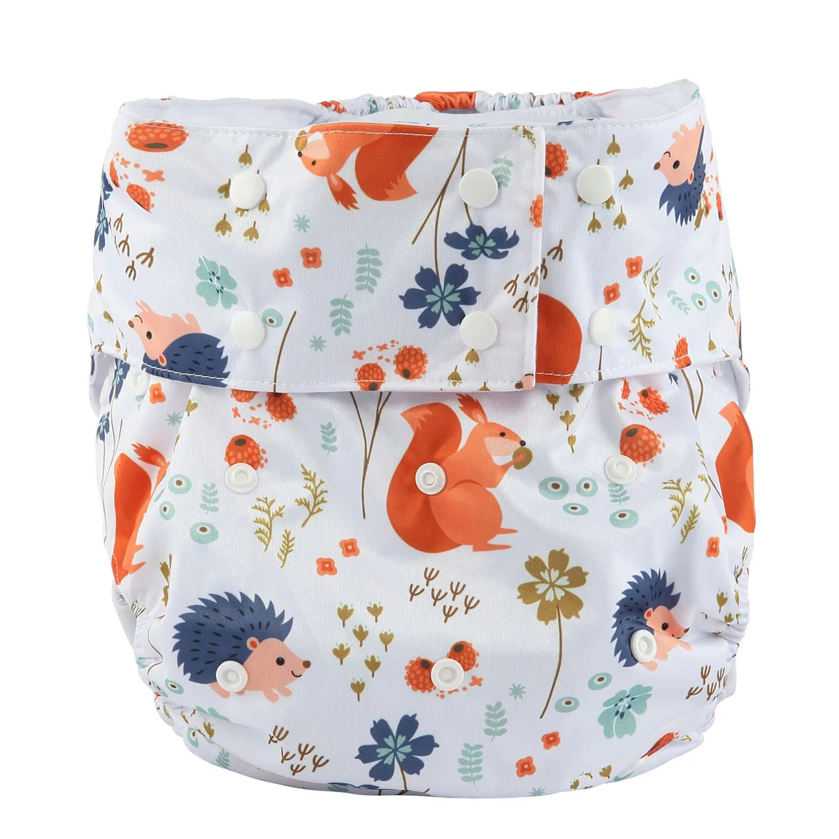 Reusable baby cloth diaper with adjustable snap buttons featuring a cute woodland squirrel and hedgehog print design.