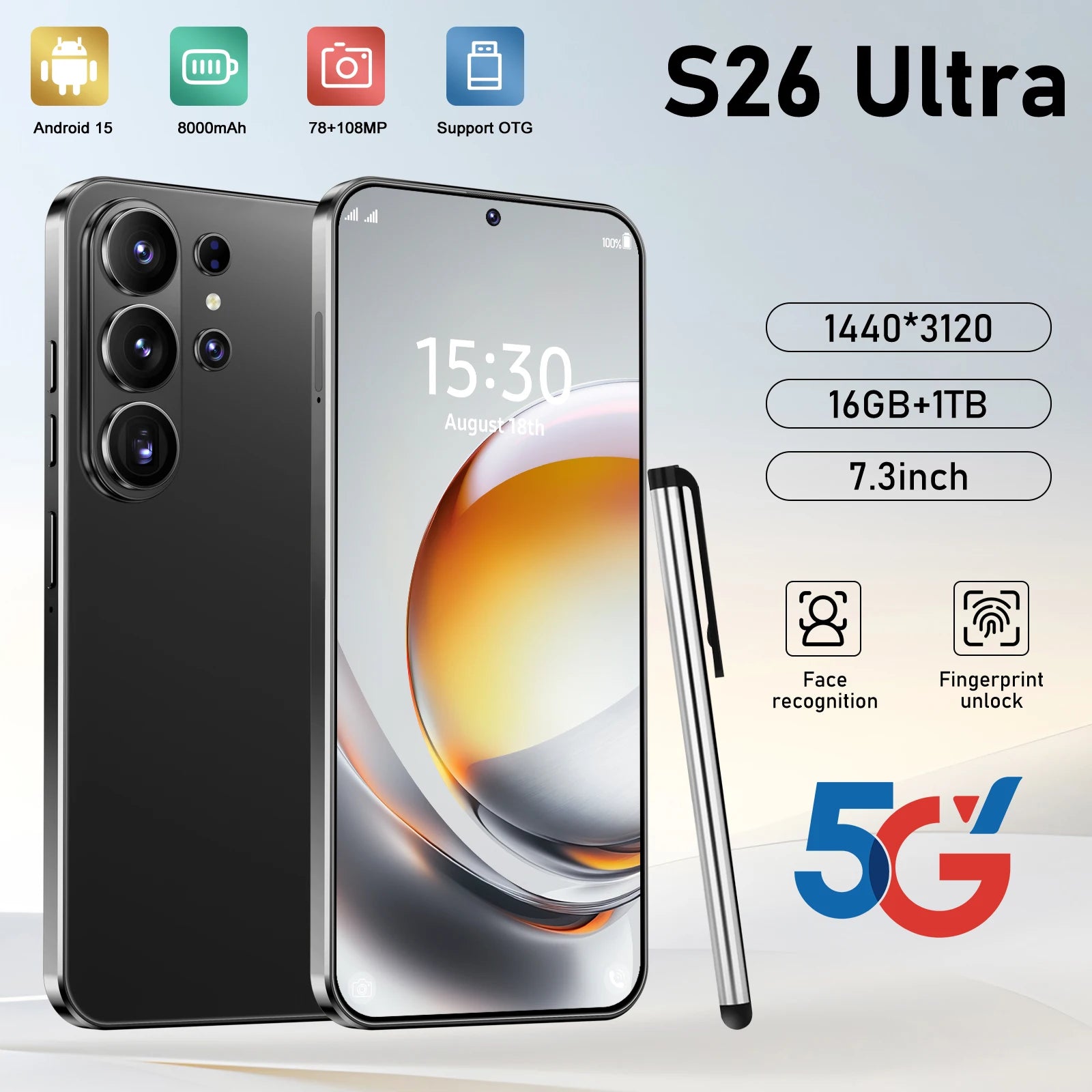 S26 Ultra smartphone with 7.3 inch screen 16GB RAM 1TB storage 5G Android mobile phone