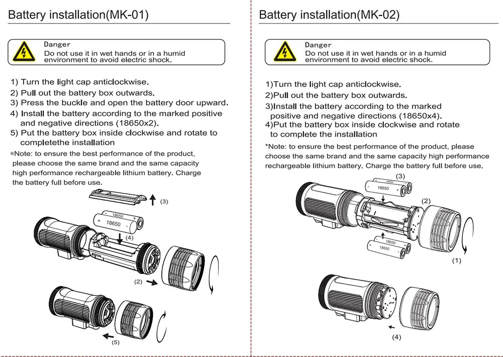 Instruction manual diagrams for installing 18650 lithium batteries into two flashlight models, MK-01 and MK-02.