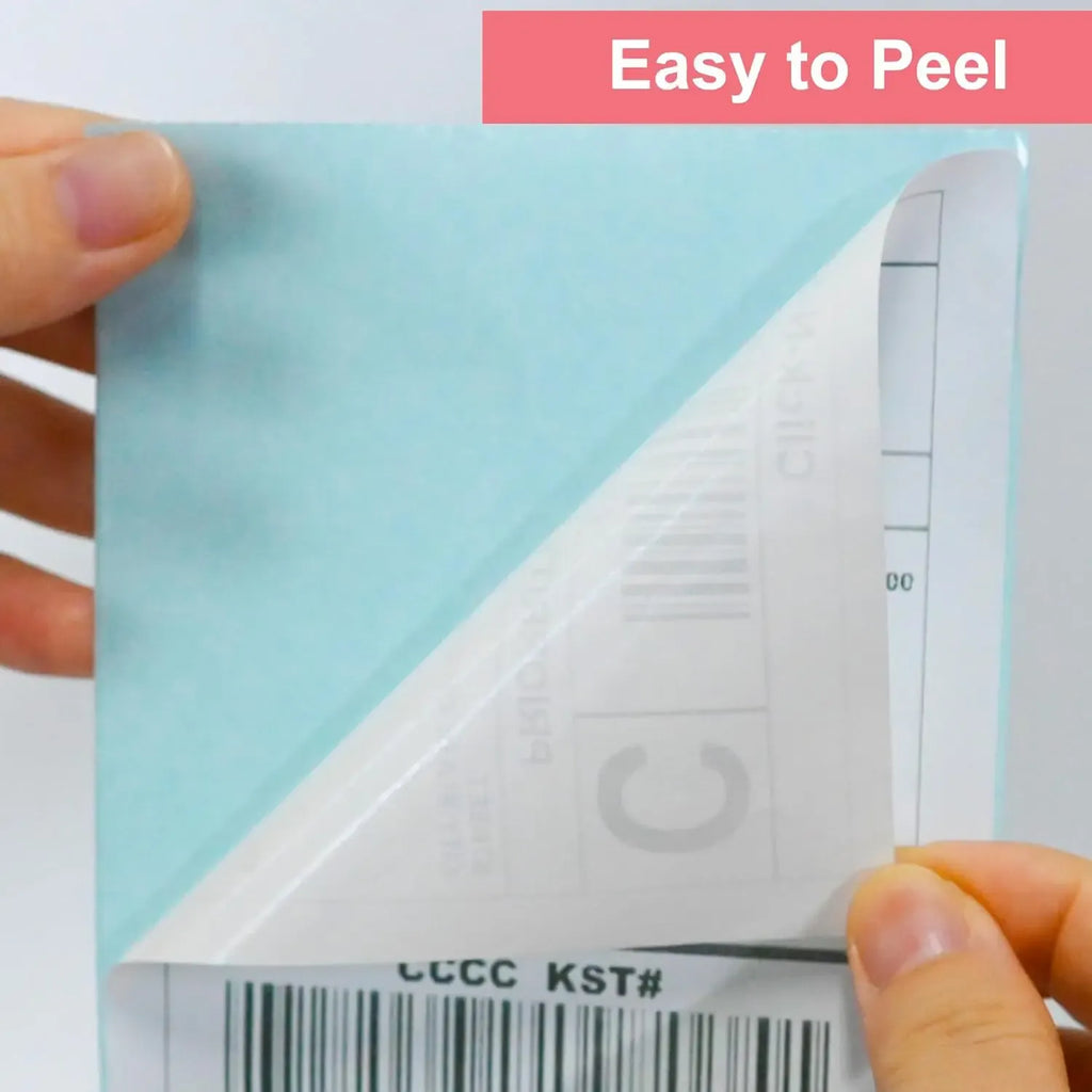 LTLL 4x6 label sheet being peeled from backing, white adhesive labels