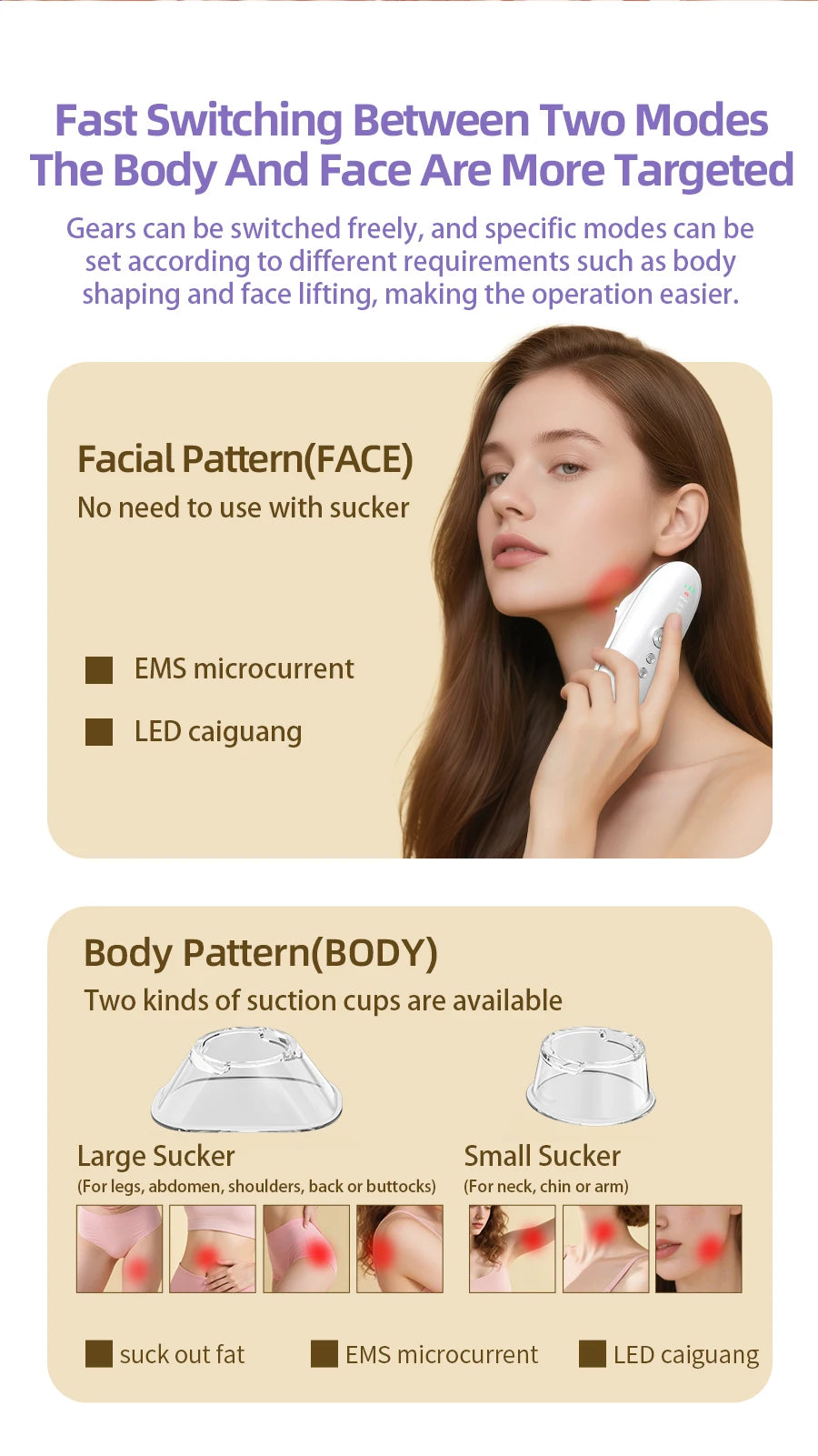 A white handheld 4-in-1 body sculpting device with two clear suction cup attachments for facial and body treatment.