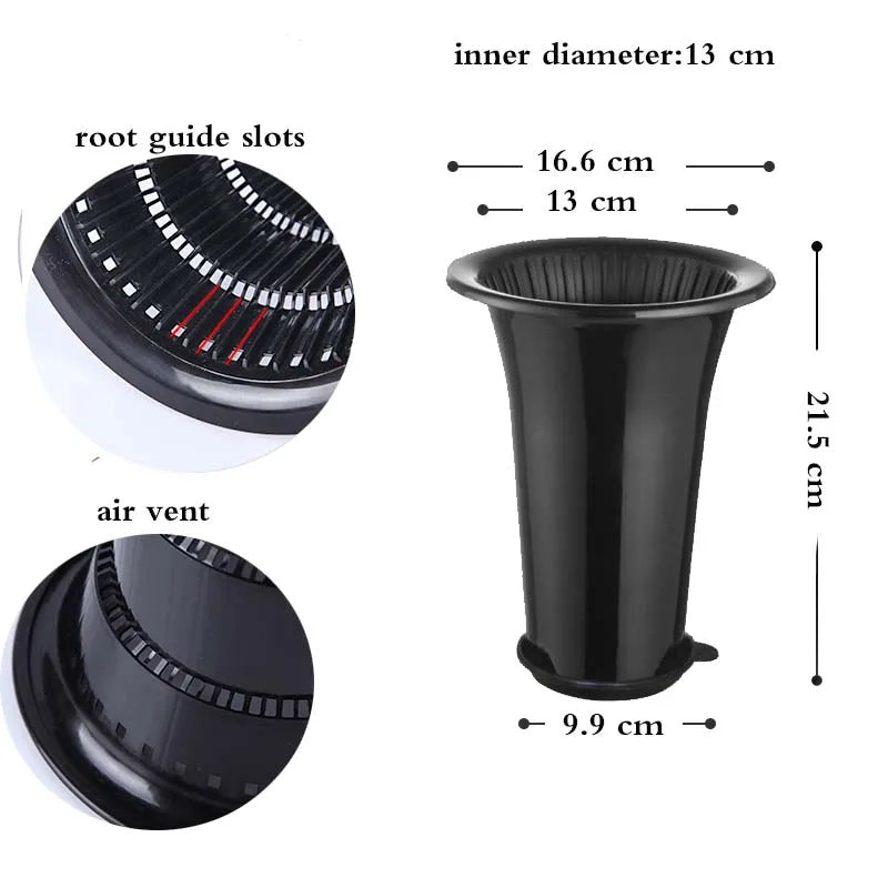 Black plastic flower pot with air vents, double-layer base and high waist orchid planter.