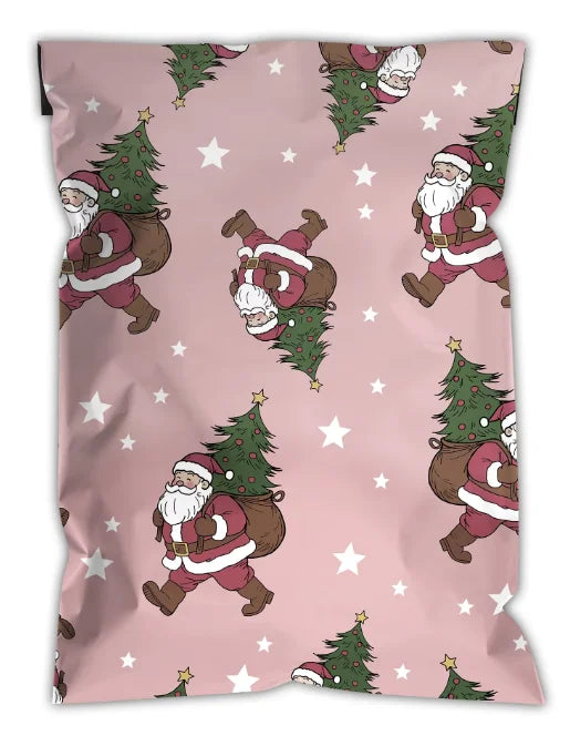 Light pink Christmas poly mailer bag with repeating Santa and tree pattern
