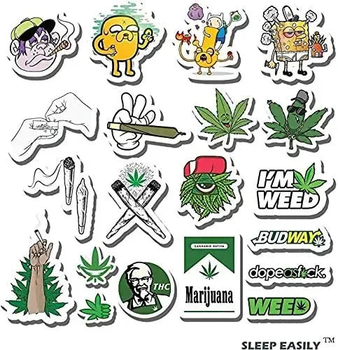 Sticker sheet with cannabis-themed icons, leaves, and illustrated character graphics