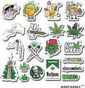 Sticker sheet with cannabis-themed icons, leaves, and illustrated character graphics
