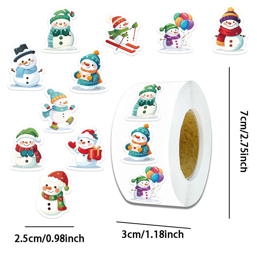 White roll of round holiday stickers; sizes shown: 2.5cm and 3cm, snowman designs