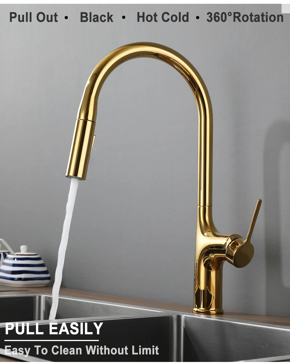 Bagnolux Titanium Black Brushed Deck Mounted Kitchen Faucet Two Function Single Handle Pull Out Mixer Hot and Cold Water Taps