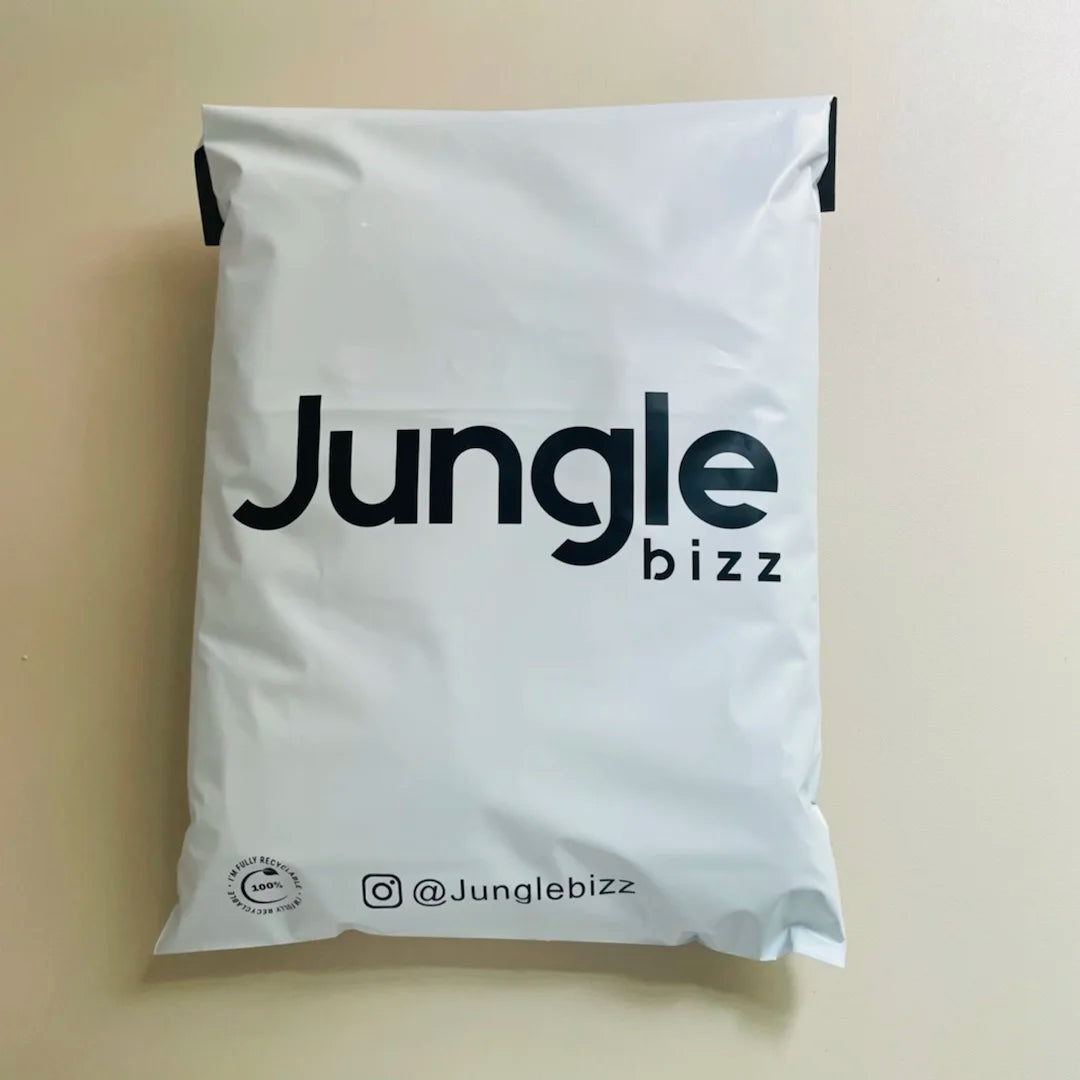 White poly mailer bag with “Jungle bizz” logo and social handle print.