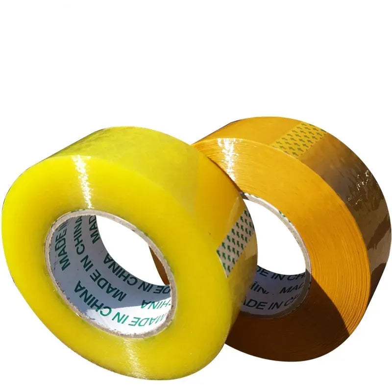 Two rolls of glossy yellow and brown packing tape with printed inner core