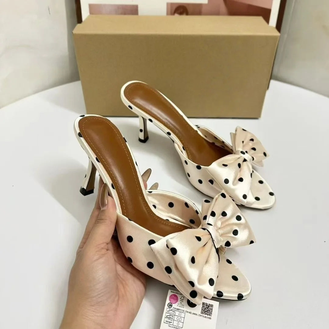 Women Cream Satin Black Polka Dot Big Bow Square Open Toe Slide Mules Rubber Outsole Microfiber Midsole Summer Party Dress High