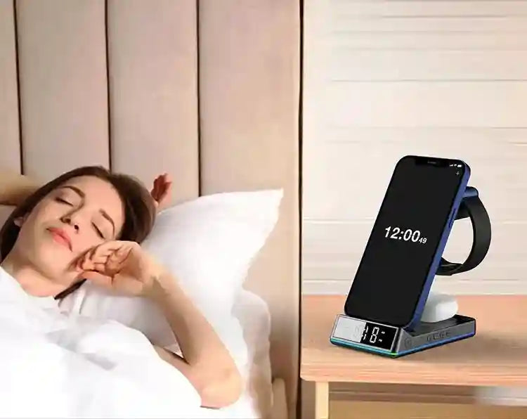 Portable Wireless Charger with LED Alarm Clock - Qi Certified Desk Station Tidesmit