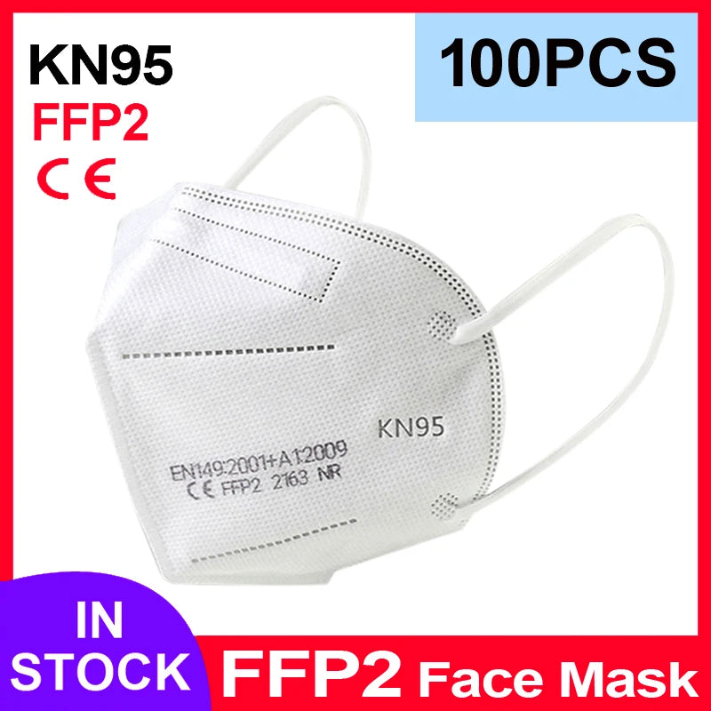 White 5-layer KN95 FFP2 protective face mask with ear loops, CE certified, breathable texture, 100-pack box supply.