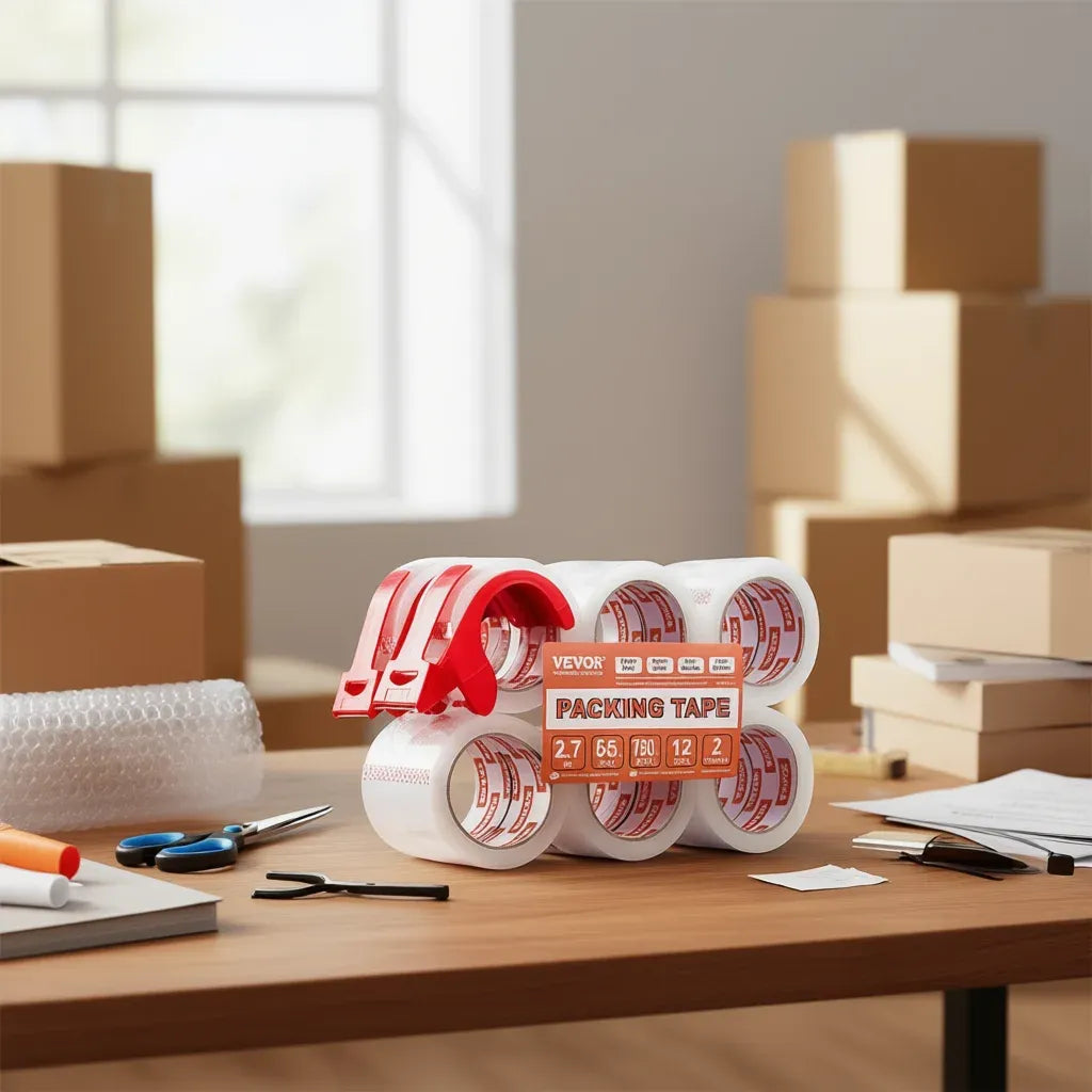 Clear packing tape rolls with red dispenser clips for sealing cardboard boxes