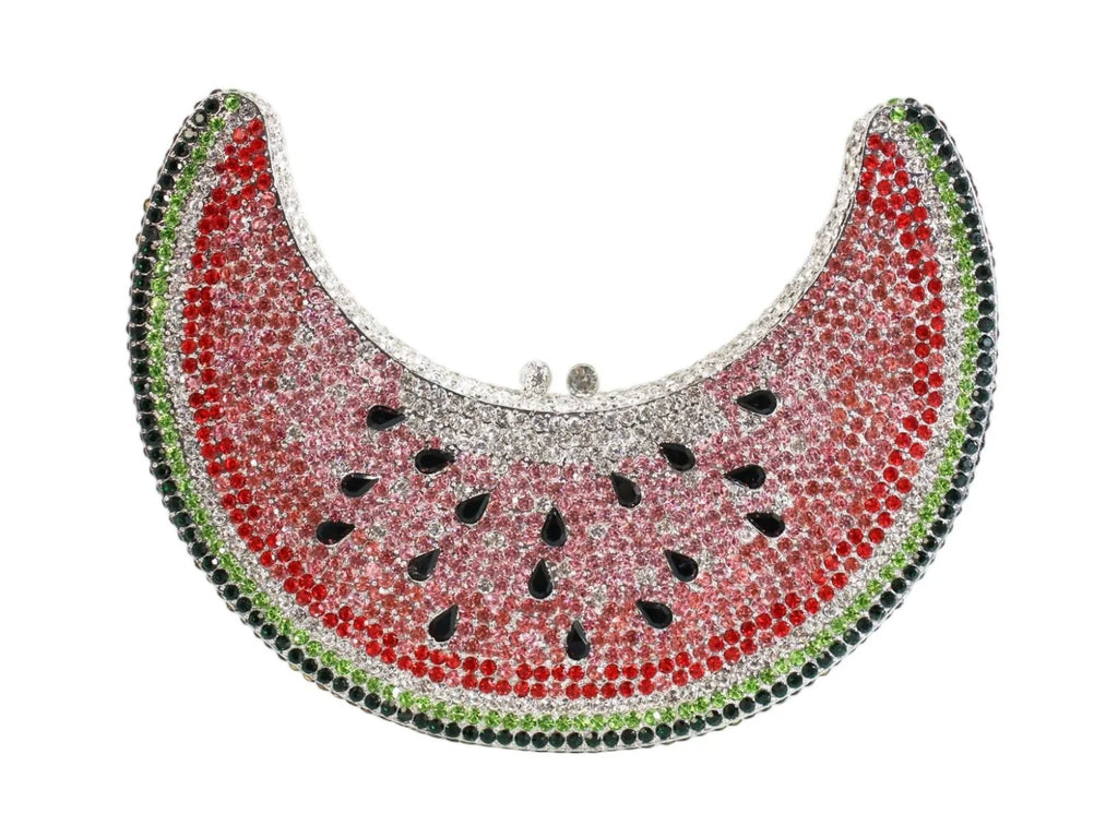 Moon-shaped watermelon evening clutch with red, pink, and green rhinestones and black seed crystals. Designer handbag.