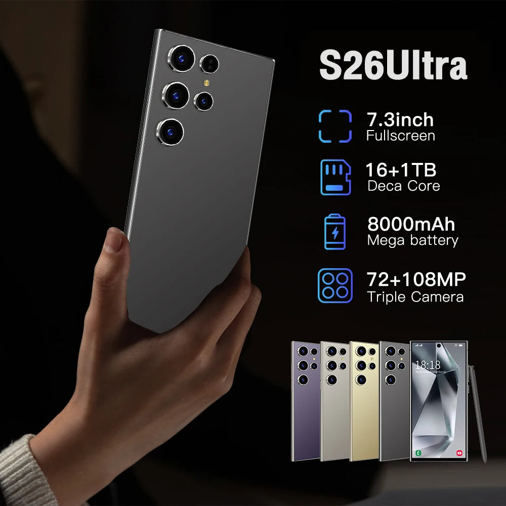Tidesmit S26 Ultra 5G smartphone with 7.3 inch HD display, 16GB RAM, 1TB storage, and 108MP camera in sleek design.