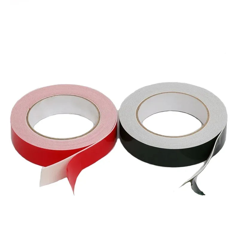 Double-sided heat resistant foam adhesive tape rolls, red and black, with protective liners