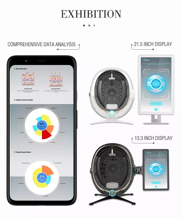 2025 Magic Mirror 3D AI skin analyzer machine with 13.3 and 21.5-inch displays for comprehensive facial data analysis.
