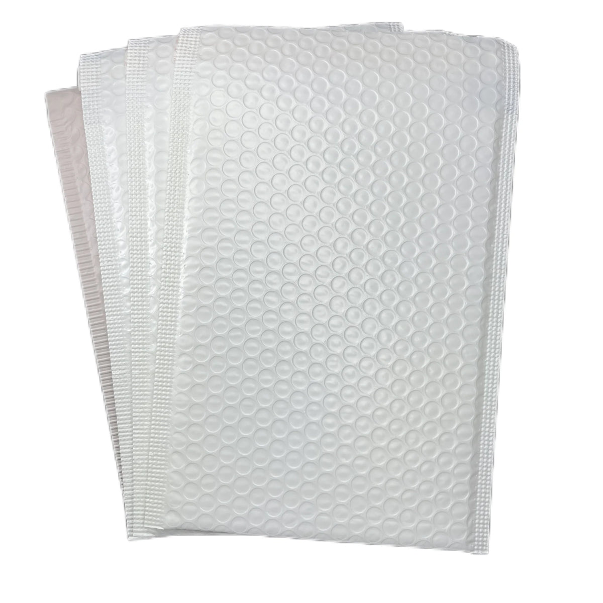 White bubble mailer shipping bags with raised bubble-texture poly surface.