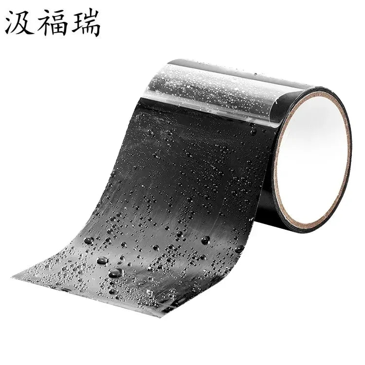 Black waterproof adhesive tape roll with clear edge, covered in water droplets