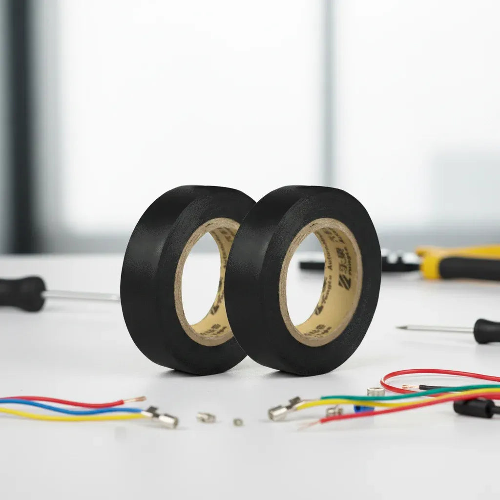 Two rolls of black wire harness electrical tape showing tan adhesive core