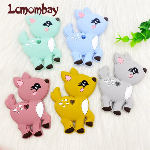 Multi-colored silicone deer baby teething toys in mint, blue, pink, yellow, and grey.