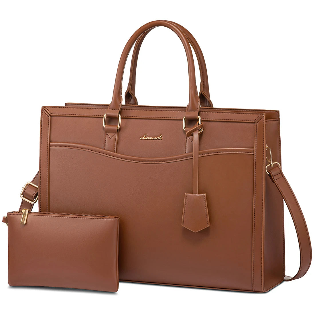 Brown leather designer laptop tote bag for women with top handles, shoulder strap, and matching accessory pouch.