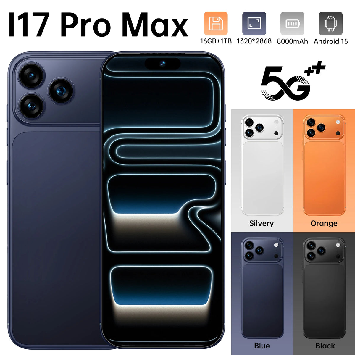 Blue smartphone with glowing curved display and triple rear cameras.