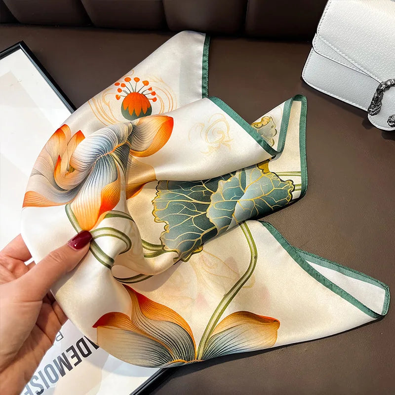Women's Spring Autumn Mulberry Silk Square Scarf, Elegant Geometric Print, Soft & Smooth Neck Scarf