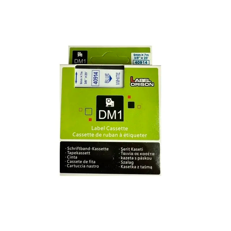 Label tape cassette for Dymo DM1, 9mm blue text on white tape, 7m length