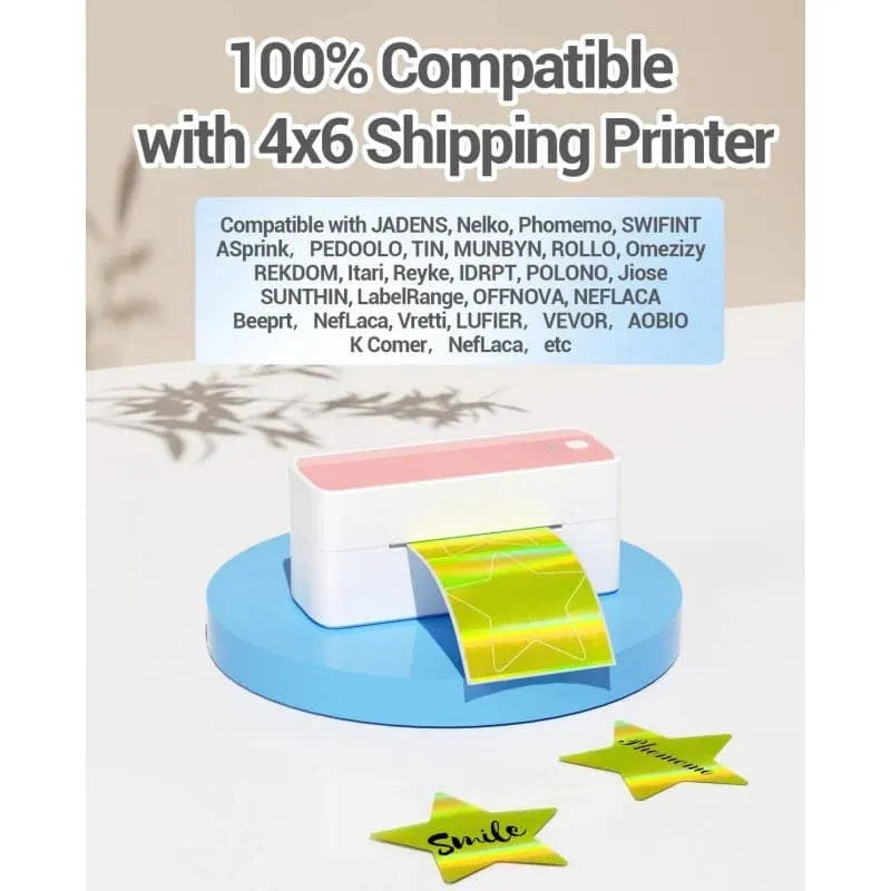 Gold star reflective thermal label stickers with roll and small star cutouts for shipping